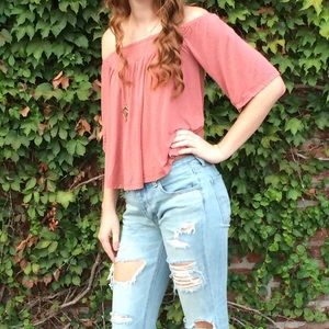 Rust colored flowy off the shoulder top